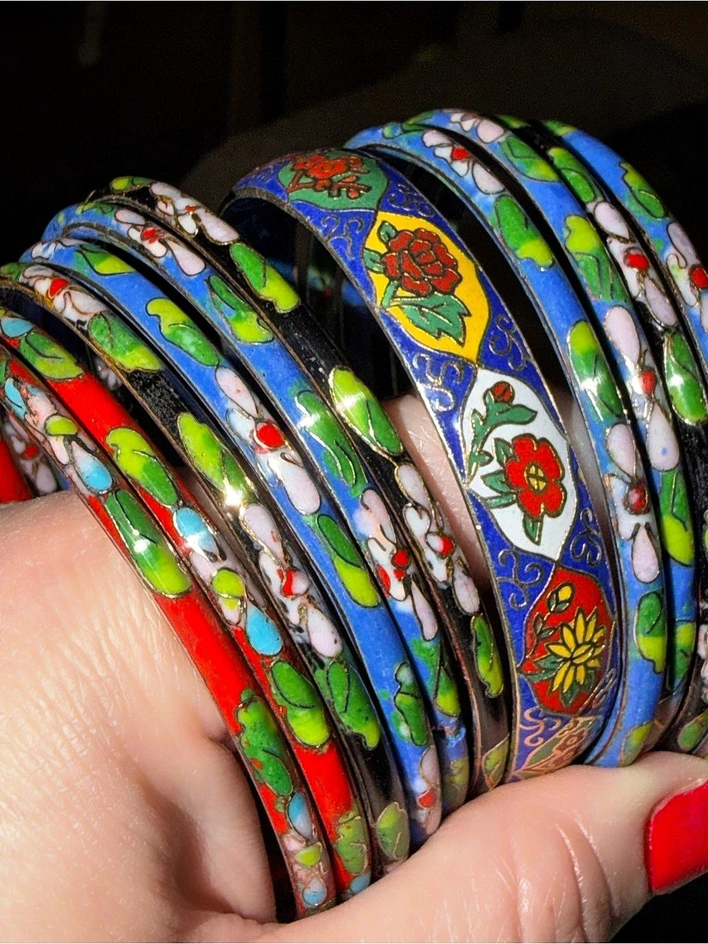 Floral Enamel Bangle Bracelet Stack Blue & Multicolor